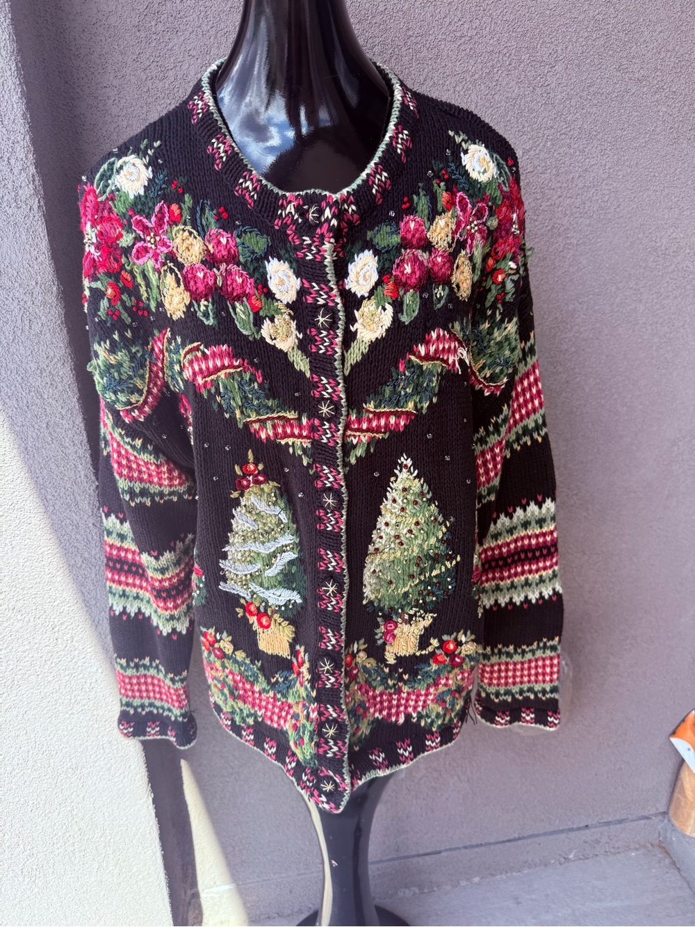 Tiara International Christmas Cardigan Sweater XL Vintage Y2K Beaded Embroidered